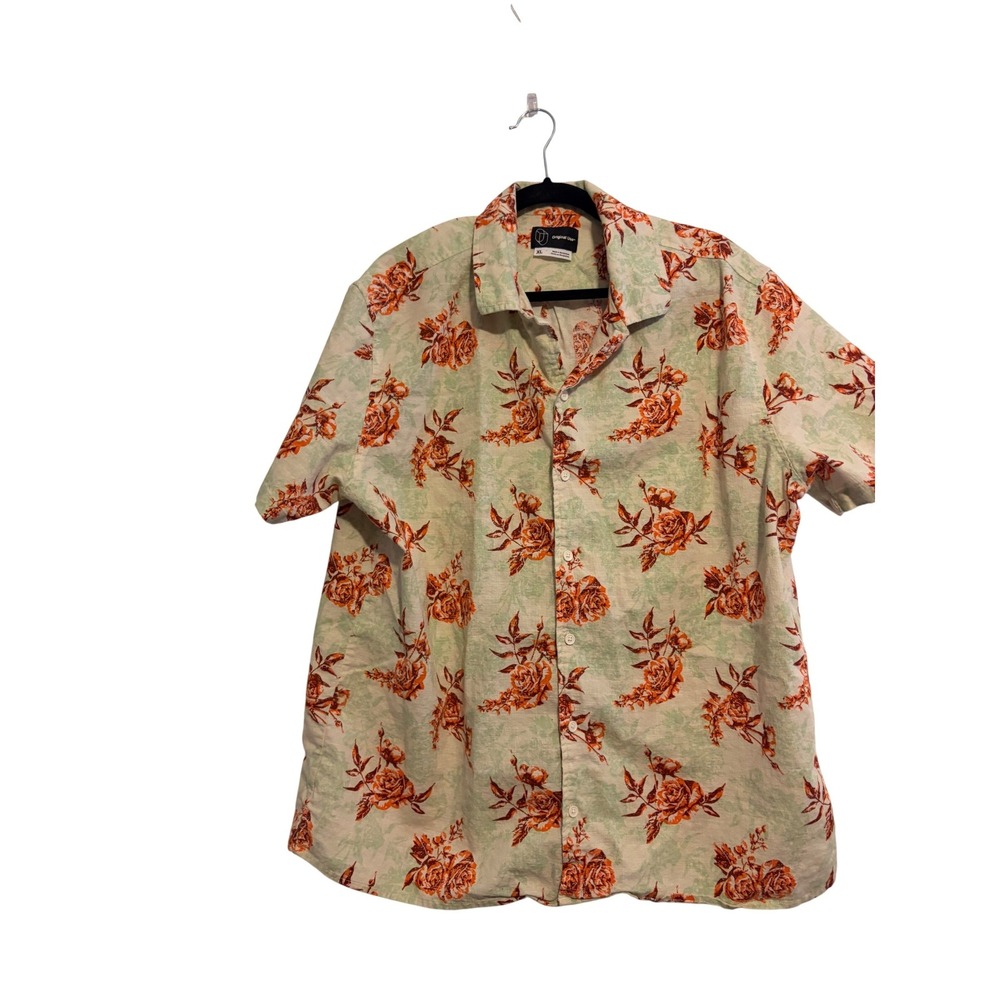 Original Use Mens XL Short Sleeve Button Up Shirt Floral Print Green‎ Orange